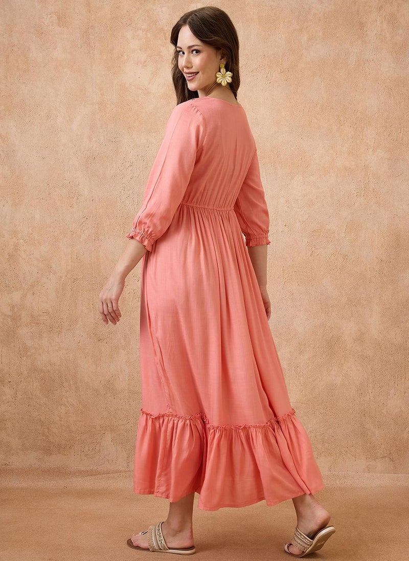 Globus Women V-Neck Floral Embroidered Yoke Fit And Flare Tiered Maxi Fusion Dress - Image 4